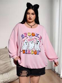 SHEIN CURVE+ Plus Size Women Casual Halloween Graphic Print Loose Fit Crew Neck Long Sleeve Sweatshirt, Autumn/Winter Ghost Sweatshirt Fall/Autumn /Winter - Pink - View 3