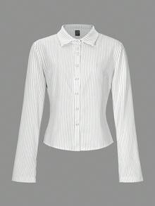 Almamuse Petite 优雅灰色条纹翻领衬衫，修身款，休闲美式女式衬衫 - 白色 - 查看 5