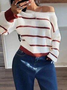 Áo len chui đầu tay dài dáng rộng họa tiết sọc hai màu lệch vai thời trang cho bé gái tuổi teen, mùa thu/đông - trắng - Xem 3