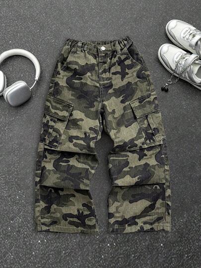 SHEIN 男童休闲迷彩宽松牛仔工装裤