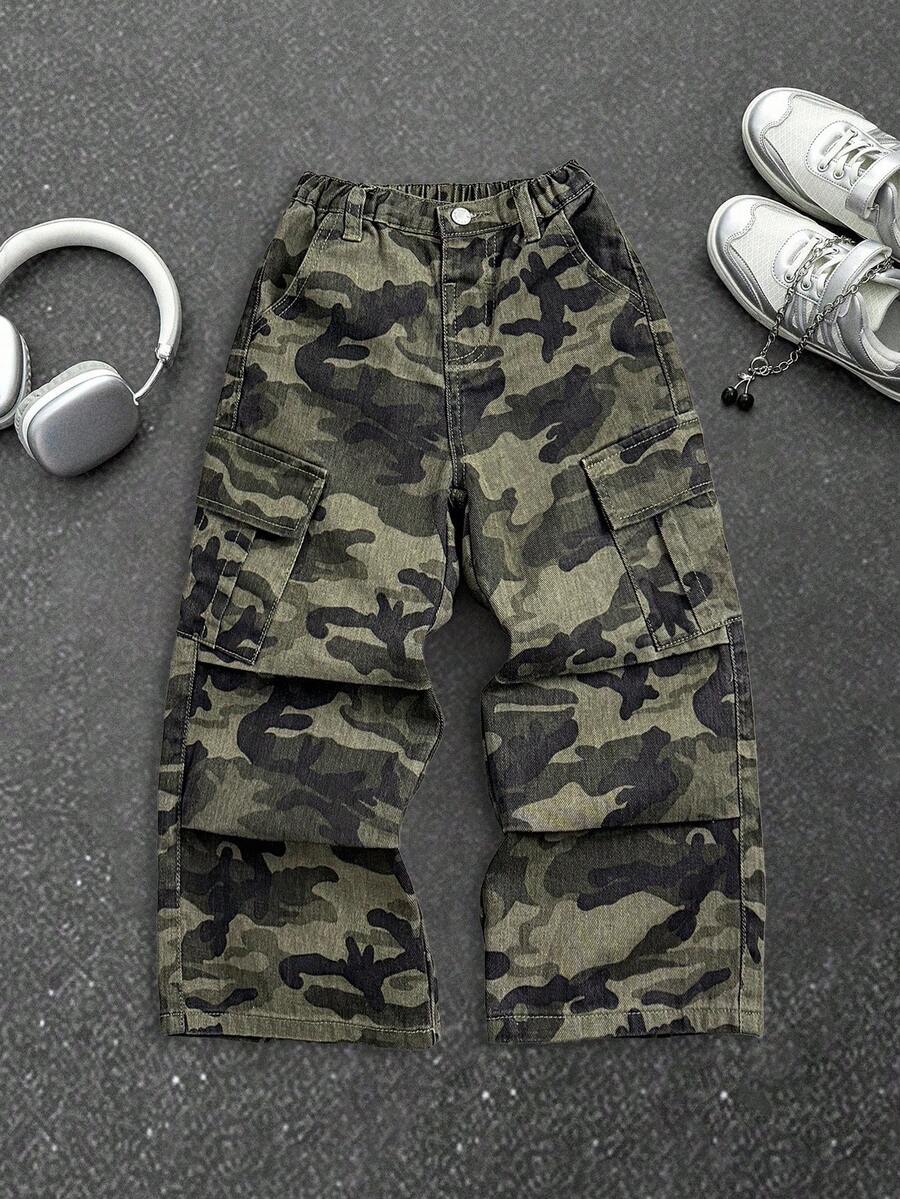 SHEIN 男童休闲迷彩宽松牛仔工装裤