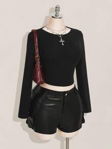 SHEIN ICON Women's Plus Size Solid Color Long Sleeve Chinese Dragon Mesh Open Back Y2K Millennial Style Sexy Street Avant-Garde Fashion Bold Slim Black T-Shirt/Fall/Winter