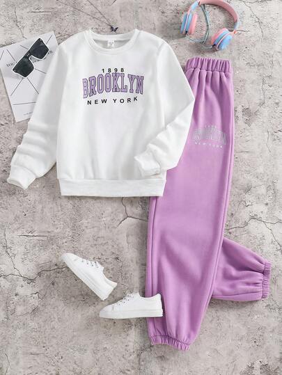 SHEIN Girls Brooklyn Print Thermal Lined Crew Neck Long Sleeve Sweatshirt Set