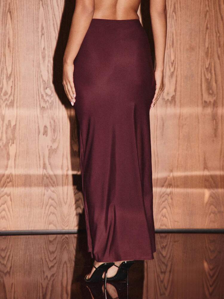 KIZN Elegant Twist Front Satin Maxi Skirt With Side Panel