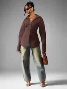 MISSGUIDED Áo sơ mi cài nút eo nhún bèo thanh lịch cỡ lớn, áo cánh vừa vặn có cà vạt ở cổ tay, trang phục công sở thường ngày, trang phục công sở thu đông, trang phục nổi bật - màu nâu - Xem 4