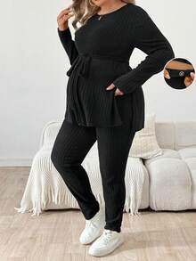 SHEIN Fall Clothes,Autumn Clothes,Maternity Autumn/Winter Clothes 2pcs/Set Maternity Plus Size Solid Color Round Neck Long Sleeve Side Slit Ribbed T-Shirt And Adjustable Waist Pants, Casual Two Piece Set Women Plus Size 2 Piece Set Plus Size Plus Size Pants Set Lounge Sets Plus Size Curve Plus Plus Size Co Ords Curve Plus Size Co Ords 2piece Set Plus Size Plus Size Lounge Sets Plus Size Two Piece Set