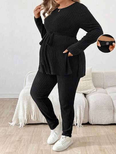 SHEIN Fall Clothes,Autumn Clothes,Maternity Autumn/Winter Clothes 2pcs/Set Maternity Plus Size Solid Color Round Neck Long Sleeve Side Slit Ribbed T-Shirt And Adjustable Waist Pants, Casual Two Piece Set Women Plus Size 2 Piece Set Plus Size Plus Size Pants Set Lounge Sets Plus Size Curve Plus Plus Size Co Ords Curve Plus Size Co Ords 2piece Set Plus Size Plus Size Lounge Sets Plus Size Two Piece Set