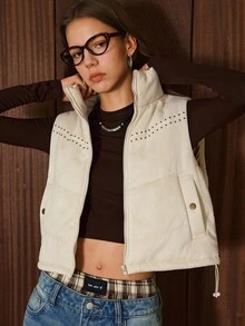 Easelle 杏色女式无袖拉链简约休闲夹克 - 杏色 - 查看 4