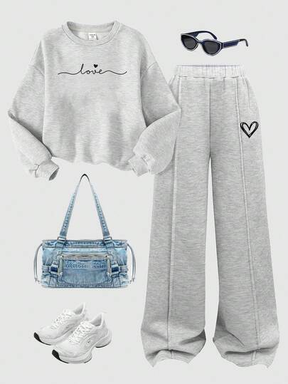 SHEIN 2 件套 Tween Girls 保暖内衬字母和心形图案超大运动衫和阔腿运动裤套装，浅灰色