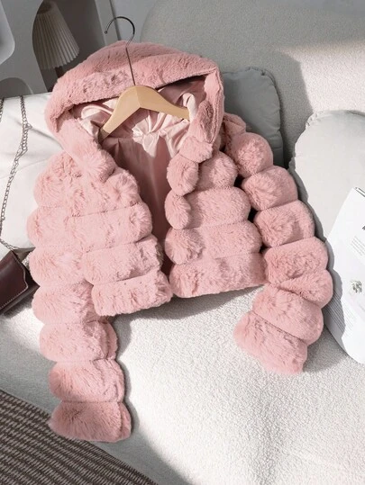 1pc Girls Soft Faux Fur Jacket, Elegant Long Sleeve Short Fitted Hooded Coat, Suitable For Autumn/Winter