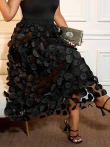 Cravure 大码女式优雅派对编织圆形剪裁内衬黑色半身裙 - 黑色 - 查看 1