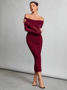 SHEIN Tall Autumn And Winter Off-Shoulder Ruffled Mesh Sexy Tight Date Black Sleeve Long Dress