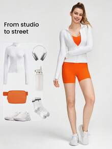 GLOWMODE FeatherFit™ U-Back Cropped Active Tank & 4.3" Tummy Control Biker Shorts Set Low Impact Yoga Daily - Orange - View 9