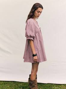 Nöista Women's Summer Casual Vacation Style Printed V-Neck Front Tie Puff Sleeve Babydoll Dress - Baby Pink - View 2