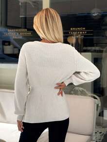 EURMUSE Women Solid Color Front Button Round Neck Cardigan - Beige - View 4