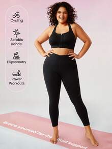 GLOWMODE Plus Medium Support Black Zip Front Buckle Up Racerback Wide Adjustable Strap Sports Bra Yoga Plus Size Sports Bra - Black - View 7