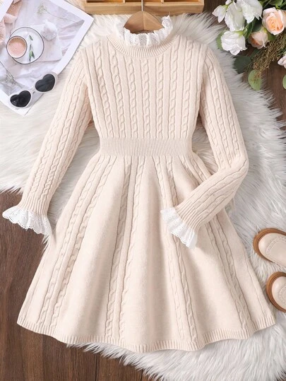 SHEIN Teen Girls Color Block Drawstring Ruffle Waist Short Elegant Knitted Sweater Dress,Suitable For Autumn And Winter, Back To School Season, Clean Girls, Commuting Elegant Dress Fall