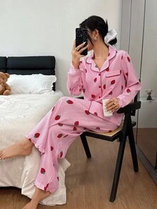 Eraneu 荷叶边条纹草莓图案上衣和裤子女士睡衣套装 草莓睡衣套装 草莓主题女装 可爱睡衣套装 秋冬服装 - 粉色 - 查看 4