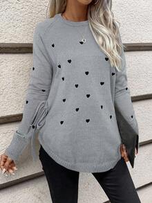 SHEIN Frenchy Damen Herzmuster Rundhals Langarm Lässig Pullover Herbst Winter Kleidung für Frauen
