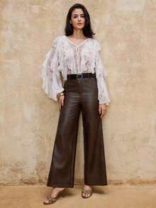 SHEIN Privé VITNOS 女士棕色渐变压纹阔腿纯素皮革长裤，配同色腰带，秋季新款女装，秋冬休闲风，时尚秋季穿搭，派对造型，秋冬女装，新年装扮，大地色系，优雅法式风情，舒适毛衣，秋冬新款女装，周末休闲，秋季职场穿搭，精致浪漫，优雅奢华，复古富贵感，今秋时尚之选，适合约会、外出、夜生活、派对、婚礼、假日、度假、生日等场合。 - 棕色 - 查看 6