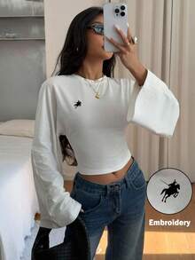 Siren Gaze Elegant Casual White Women's Autumn Fall Clothes For Women Winter Clothes Embroidered Knight Graphic Flare Sleeve Fitted Cropped T-Shirt, 2025 New Luxury Old Money Style Top For Party Commuting Business Casual Workday Outing Butter Yellow Tops Pastel Yellow Top Light Yellow Top Yellow Crop Top Women - White - View 3