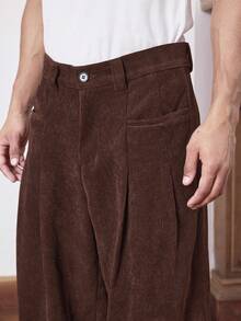 SWAVVY 男士休闲纯色灯芯绒阔腿裤，秋冬 - 棕色 - 查看 5