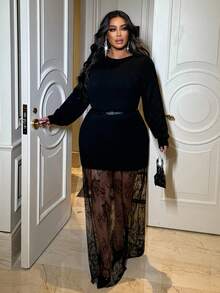 NU&NOW 大码女式优雅针织连衣裙，圆领，长袖，蕾丝下摆，秋冬 - 黑色 - 查看 9