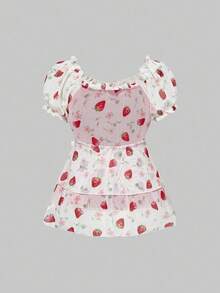 ROMWE Kawaii 女士可爱泡泡袖娃娃风草莓满版印花上衣 - 彩色 - 查看 3