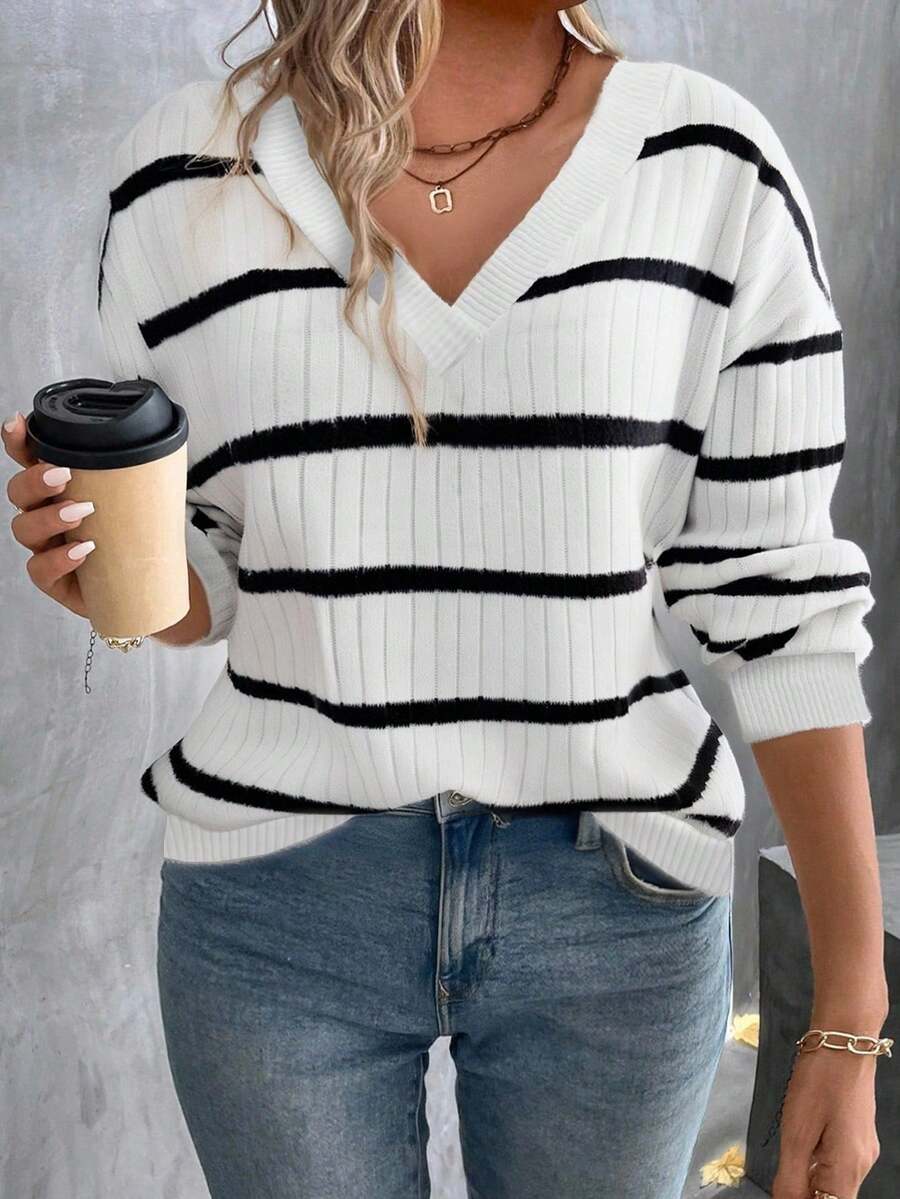 EMERY ROSE Camiseta de manga larga con cuello en V y bloques de color de felpa acanalada para mujer de talla grande, el talla grande vendido en otoño/invierno - Multicolor - Ver 1