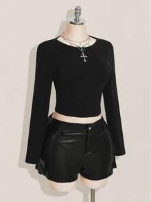 SHEIN ICON Women's Plus Size Solid Color Long Sleeve Chinese Dragon Mesh Open Back Y2K Millennial Style Sexy Street Avant-Garde Fashion Bold Slim Black T-Shirt/Fall/Winter