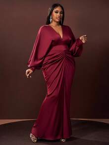 Veslaya Burgundy Autumn Elegant Formal Wedding Plus Size Women's Dress,Satin V-Neck Long Sleeve Ruched Waist Maxi Dress With High Slit For Party Date Night - Burgundy - View 3