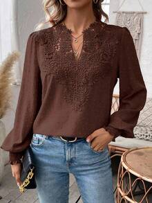 SHEIN LUNE Plus Size Women Elegant Minimalist Floral Collar Splice Solid Color Long Sleeve Shirt - Brown - View 4