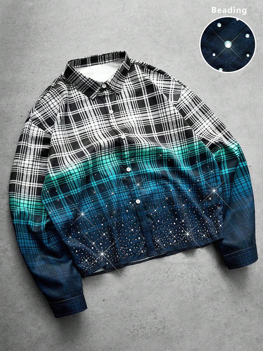 Manfinity Roghcode Herren Streetstyle, INS Matching Item: Klassisches Karomuster in Schwarz & Weiß mit blauem Farbverlauf-Edelstein-Langarmhemd. Y2K Mode, Geschenk für Freund oder Ehemann., Herbst - Schwarz - Übersicht 1