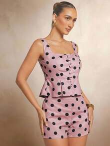 女士棕色波点褶皱低圆领无袖背心复古 - 粉色 - 查看 5