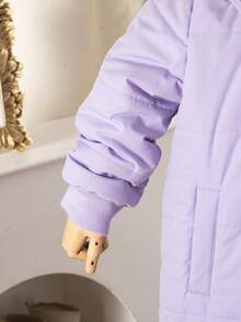 SHEIN 女童休闲时尚百搭厚棉衣带帽外套，仿毛领，拉链口袋，秋冬 - 紫色 - 查看 8