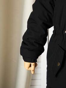 SHEIN 女童加厚派克大衣，时尚连帽，仿皮草领，拉链开合，腰部抽绳，口袋，百搭，适合秋冬 - 黑色 - 查看 3