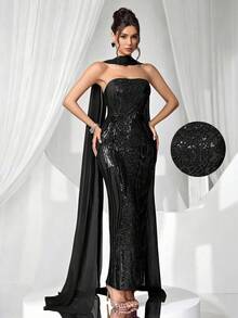 Coutiva 奢华亮片刺绣礼服，高端优雅派对礼服 - 黑色 - 查看 3