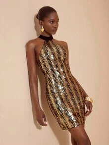 JIAN LASALA Wavy Sequin Halter Bodycon Mini Dress Women Elegant Party Dress Luxury Stylish Clothing Collection Sequence Dress Special Occasion Dress Metallic Dresses For Women Gold And Black Dress Women Gold Sequin Dress Sequin Dress Chain Dress Graphic Dress - Black and Gold - View 5