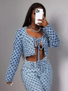 Slaydiva Women's Plaid Tie Cropped Denim Shirt Bow Tie Long Sleeve Cropped Top Textured Fabric Sexy Tops Vacation Tops Autumn Women's Clothing Light Blue Denim Top Outerwear - Medium Wash - View 7