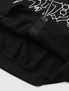 ROMWE MEN Black Jack X ROMWE Men's Black Rhinestone Embellished Zip Up Hooded Sweatshirt, Suitable For Everyday Wear, Autumn/Winter - Black - View 7