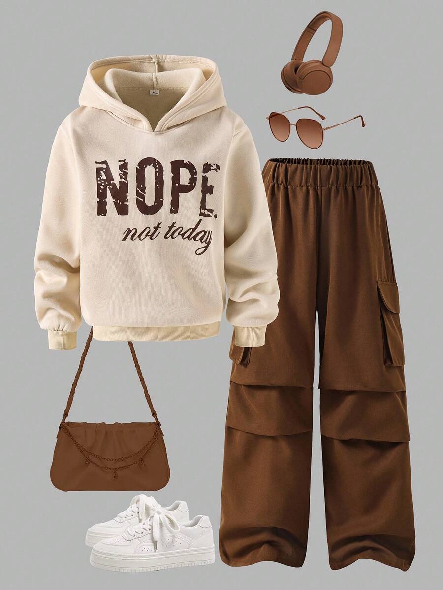 2 Stücke Mädchen Hoodie Sweatshirt mit Buchstaben-Muster + grüne Cargohose, lässiger Streetstyle Outfit, Herbst/Winter - Braun - Übersicht 1