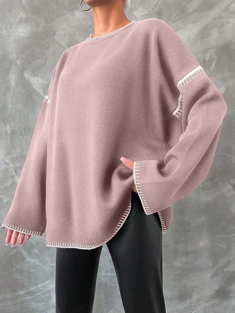 EURMUSE Women Casual Contrast Piping Drop Shoulder Loose Fit Pullover Sweater - Baby Pink - View 1