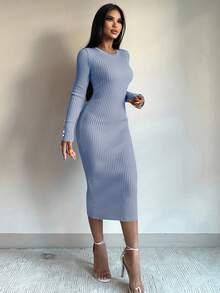 EURMUSE Solid Ribbed Knit Bodycon Sweater Dress - Blue - View 5