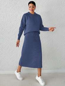 SHEIN Cottnline Women's Solid Color Drawstring Hooded Sweater And Knitted Skirt Two-piece Set - Dusty Blue - View 5