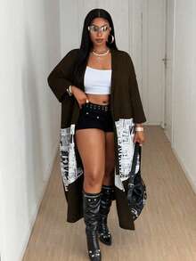 Maweii Casaco Cardigan Fino Plus Size para Mulheres, Comprimento Longo com Estampa Floral Patchwork, Casaco Casual Solto com Mangas 3/4, Outono/Inverno