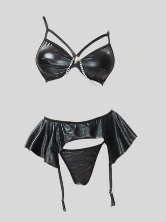 Grunge Punk Conjunto de lencería sexy con body con aros y ligueros de estilo punk oscuro