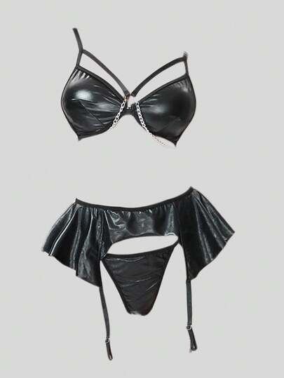 Grunge Punk Dark Punk PU Underwire Bodysuits & G-String Garter Belts Sexy Lingerie Set