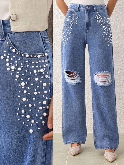 Selenza Women's Blue Straight Leg Distressed Rhinestone Embellished Versatile Jeans