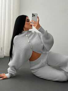 EURMUSE 2 Pieces Ribbed Knit Lounge Set Featuring Asymmetrical Sweater With Decorative Bow Accents And Matching High-Waisted Pants - Grey - View 3