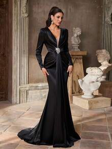 Aureia Elegant Black Stretch Satin Formal Dinner Dress,Long Sleeve Shoulder Pad Pleated Rhinestone Decor Fishtail Hem Trailing Wedding Event Gown - Black - View 8